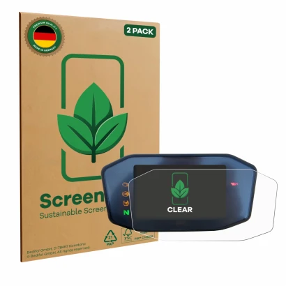 Face avant d’un emballage produit avec le logo de la marque ScreenLeaf. À côté, l’appareil KTM 890 Duke R 2020 TFT Screen est 