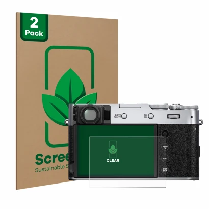 Face avant d’un emballage produit avec le logo de la marque ScreenLeaf. À côté, l’appareil Fujifilm X100V est représenté avec 