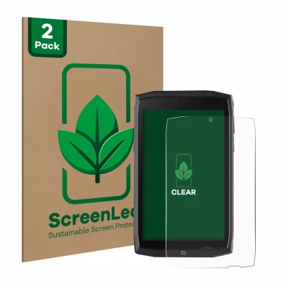 Face avant d’un emballage produit avec le logo de la marque ScreenLeaf. À côté, l’appareil Crosscall Core T4 est représenté av