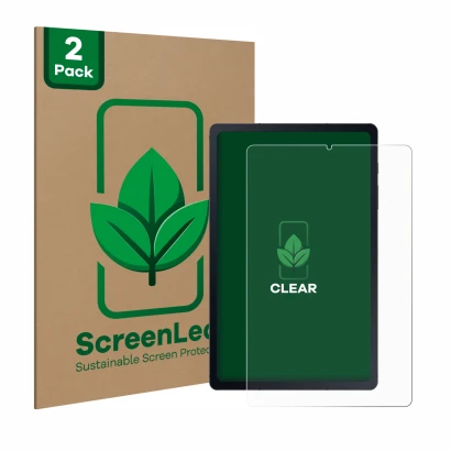 Face avant d’un emballage produit avec le logo de la marque ScreenLeaf. À côté, l’appareil Samsung Galaxy Tab S6 Lite LTE 2020