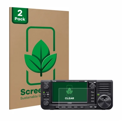 Face avant d’un emballage produit avec le logo de la marque ScreenLeaf. À côté, l’appareil Icom IC-705 est représenté avec la 
