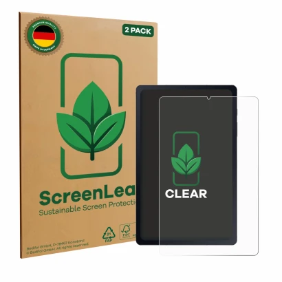 Face avant d’un emballage produit avec le logo de la marque ScreenLeaf. À côté, l’appareil Samsung Galaxy Tab S6 Lite 2020 est