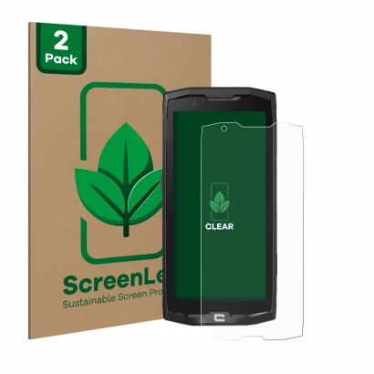 Face avant d’un emballage produit avec le logo de la marque ScreenLeaf. À côté, l’appareil Crosscall Core X4 est représenté av