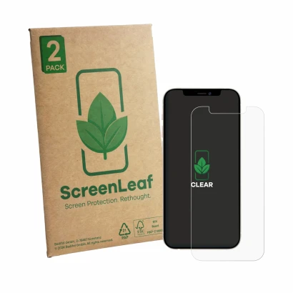 Face avant d’un emballage produit avec le logo de la marque ScreenLeaf. À côté, l’appareil Apple iPhone 12 Pro est représenté 