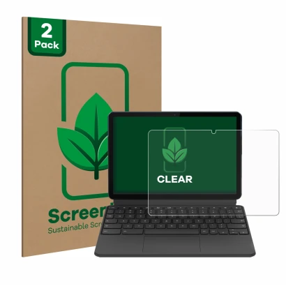 Face avant d’un emballage produit avec le logo de la marque ScreenLeaf. À côté, l’appareil Lenovo IdeaPad Duet Chromebook 10.1