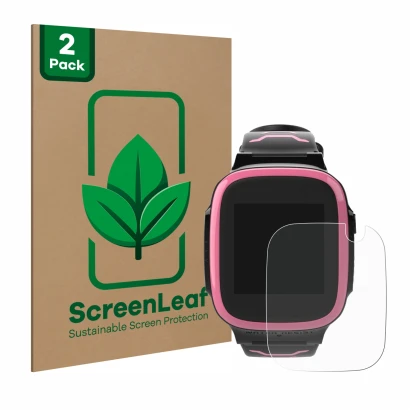 Face avant d’un emballage produit avec le logo de la marque ScreenLeaf. À côté, l’appareil Xplora X5 Play est représenté avec 