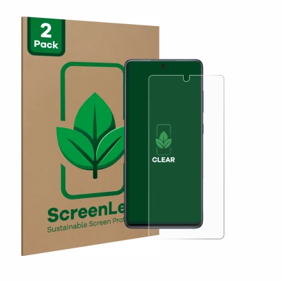 Face avant d’un emballage produit avec le logo de la marque ScreenLeaf. À côté, l’appareil Samsung Galaxy S20 FE est représent