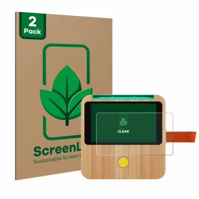 Face avant d’un emballage produit avec le logo de la marque ScreenLeaf. À côté, l’appareil tigerbox Touch est représenté avec 