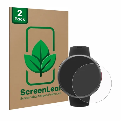 Face avant d’un emballage produit avec le logo de la marque ScreenLeaf. À côté, l’appareil Polar Vantage V2 est représenté ave