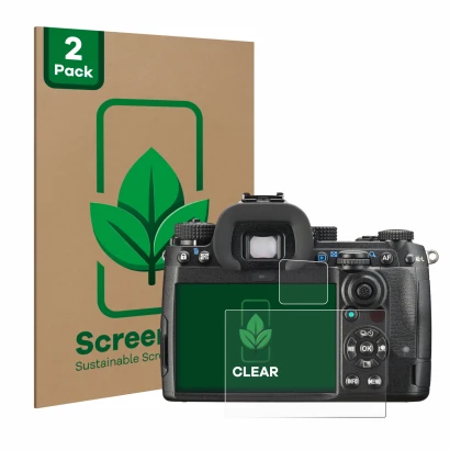Face avant d’un emballage produit avec le logo de la marque ScreenLeaf. À côté, l’appareil Pentax K-3 Mark III est représenté 
