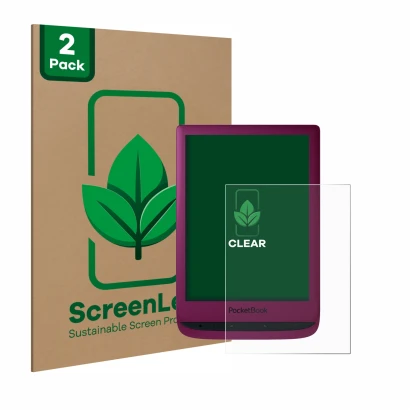 Face avant d’un emballage produit avec le logo de la marque ScreenLeaf. À côté, l’appareil PocketBook Touch Lux 5 est représen