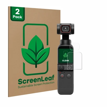 Face avant d’un emballage produit avec le logo de la marque ScreenLeaf. À côté, l’appareil DJI Osmo Pocket 2 (Affichage + Lent