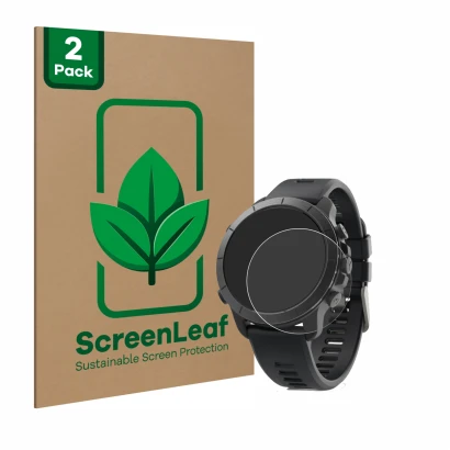 Face avant d’un emballage produit avec le logo de la marque ScreenLeaf. À côté, l’appareil Wahoo Elemnt Rival est représenté a