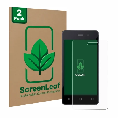 Face avant d’un emballage produit avec le logo de la marque ScreenLeaf. À côté, l’appareil Omnipod Dash est représenté avec la