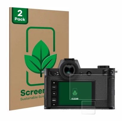 Face avant d’un emballage produit avec le logo de la marque ScreenLeaf. À côté, l’appareil Leica SL2-S est représenté avec la 