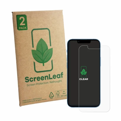 Face avant d’un emballage produit avec le logo de la marque ScreenLeaf. À côté, l’appareil Apple iPhone 13 mini est représenté