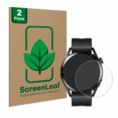 Face avant d’un emballage produit avec le logo de la marque ScreenLeaf. À côté, l’appareil Huawei Watch GT 3 (46 mm) est repré