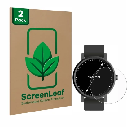 Face avant d’un emballage produit avec le logo de la marque ScreenLeaf. À côté, l’appareil Circulaire Displays (ø: 40.5 mm) es
