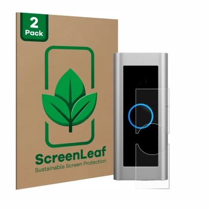 Face avant d’un emballage produit avec le logo de la marque ScreenLeaf. À côté, l’appareil Ring Video Doorbell Pro 2 est repré