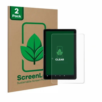 Face avant d’un emballage produit avec le logo de la marque ScreenLeaf. À côté, l’appareil Amazon Fire HD 10 2021 (11ème Gen.)