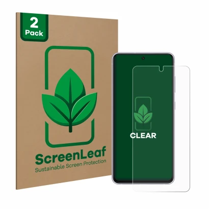 Face avant d’un emballage produit avec le logo de la marque ScreenLeaf. À côté, l’appareil Samsung Galaxy S21 FE 5G est représ