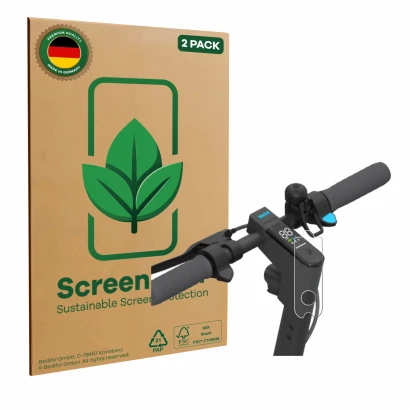 Face avant d’un emballage produit avec le logo de la marque ScreenLeaf. À côté, l’appareil Segway Ninebot KickScooter MAX G30D