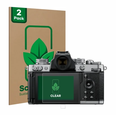 Face avant d’un emballage produit avec le logo de la marque ScreenLeaf. À côté, l’appareil Nikon Z fc est représenté avec la p