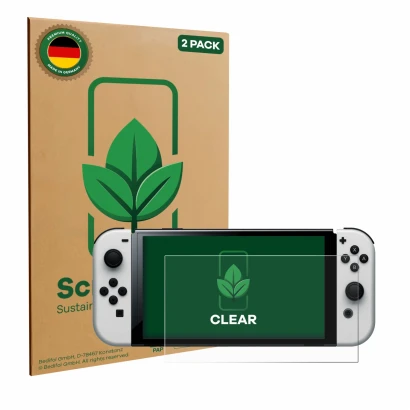 Face avant d’un emballage produit avec le logo de la marque ScreenLeaf. À côté, l’appareil Nintendo Switch OLED-Modell est rep
