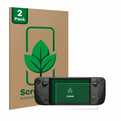 Face avant d’un emballage produit avec le logo de la marque ScreenLeaf. À côté, l’appareil Valve Steam Deck est représenté ave
