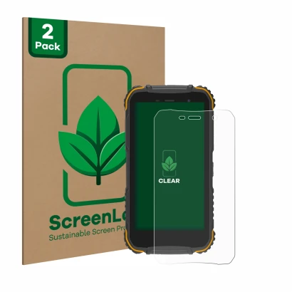 Face avant d’un emballage produit avec le logo de la marque ScreenLeaf. À côté, l’appareil Doogee S35 est représenté avec la p