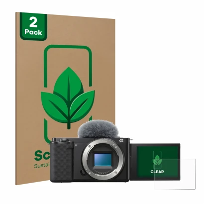 Face avant d’un emballage produit avec le logo de la marque ScreenLeaf. À côté, l’appareil Sony Alpha ZV-E10 est représenté av
