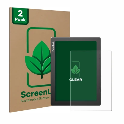 Face avant d’un emballage produit avec le logo de la marque ScreenLeaf. À côté, l’appareil PocketBook InkPad Lite est représen
