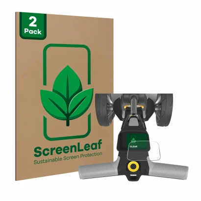 Face avant d’un emballage produit avec le logo de la marque ScreenLeaf. À côté, l’appareil PowaKaddy CT6 est représenté avec l
