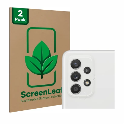 Face avant d’un emballage produit avec le logo de la marque ScreenLeaf. À côté, l’appareil Samsung Galaxy A52s 5G (Caméra UNIQ