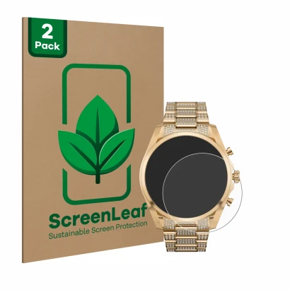 Face avant d’un emballage produit avec le logo de la marque ScreenLeaf. À côté, l’appareil Michael Kors Access Gen 6 Bradshaw 