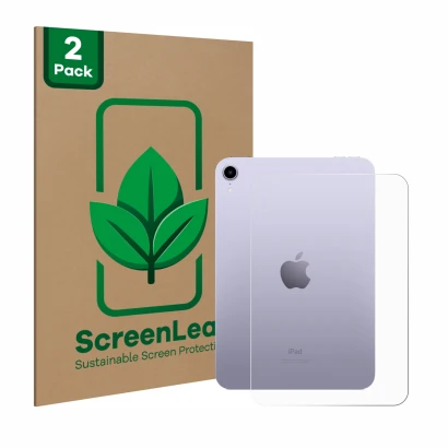 Face avant d’un emballage produit avec le logo de la marque ScreenLeaf. À côté, l’appareil Apple iPad Mini 6 WiFi 2021 (6ème g