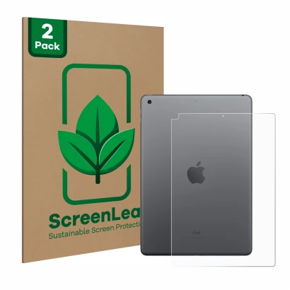 Face avant d’un emballage produit avec le logo de la marque ScreenLeaf. À côté, l’appareil Apple iPad 10.2″ WiFi 2021 (9ème Ge