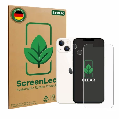 Face avant d’un emballage produit avec le logo de la marque ScreenLeaf. À côté, l’appareil Apple iPhone 13 (Avant+Caméra) est 