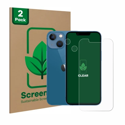 Face avant d’un emballage produit avec le logo de la marque ScreenLeaf. À côté, l’appareil Apple iPhone 13 mini (Avant+Caméra)