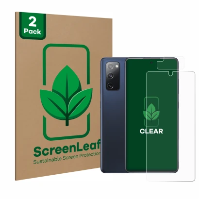 Face avant d’un emballage produit avec le logo de la marque ScreenLeaf. À côté, l’appareil Samsung Galaxy S20 FE (Avant+Caméra