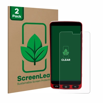 Face avant d’un emballage produit avec le logo de la marque ScreenLeaf. À côté, l’appareil Olympia Neo Smartphone est représen