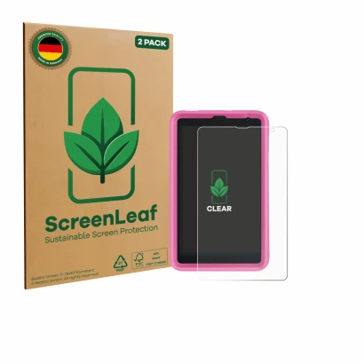 Face avant d’un emballage produit avec le logo de la marque ScreenLeaf. À côté, l’appareil Blackview Tab 6 Kids est représenté