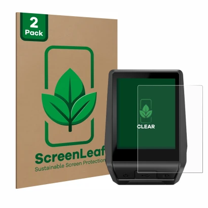 Face avant d’un emballage produit avec le logo de la marque ScreenLeaf. À côté, l’appareil Bosch Nyon 2 2021 est représenté av