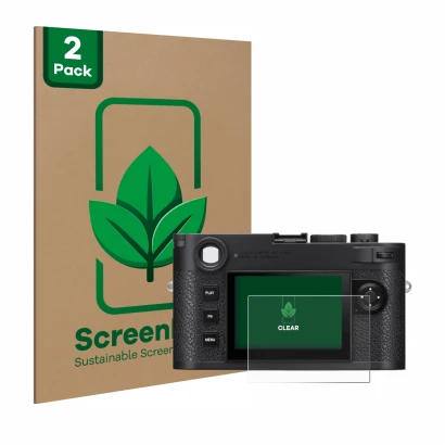Face avant d’un emballage produit avec le logo de la marque ScreenLeaf. À côté, l’appareil Leica M11 est représenté avec la pr