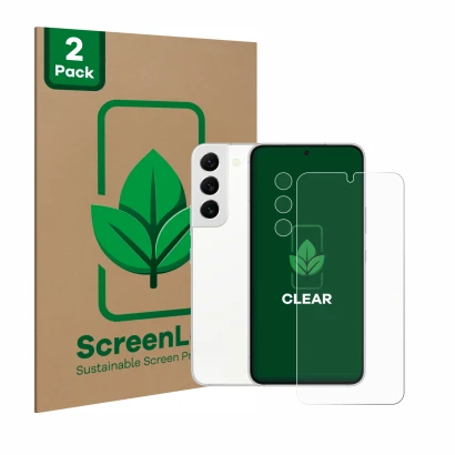 Face avant d’un emballage produit avec le logo de la marque ScreenLeaf. À côté, l’appareil Samsung Galaxy S22 5G (Avant+Caméra