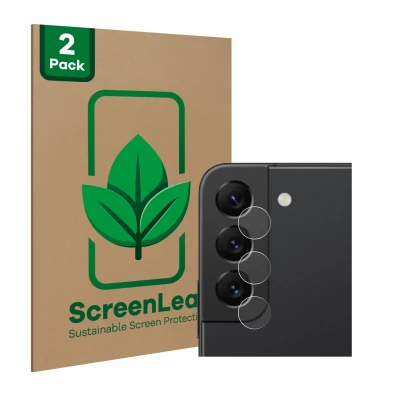 Face avant d’un emballage produit avec le logo de la marque ScreenLeaf. À côté, l’appareil Samsung Galaxy S22 5G (Caméra UNIQU