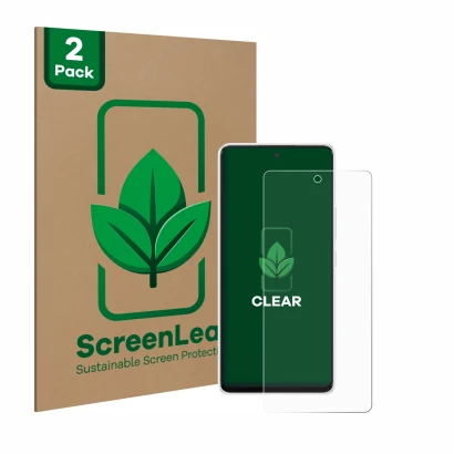 Face avant d’un emballage produit avec le logo de la marque ScreenLeaf. À côté, l’appareil Samsung Galaxy A53 5G est représent