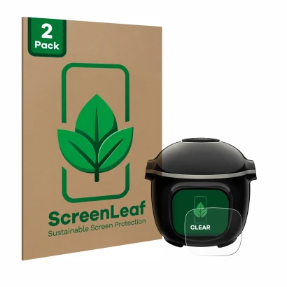 Face avant d’un emballage produit avec le logo de la marque ScreenLeaf. À côté, l’appareil Krups Cook4me Touch Wifi est représ
