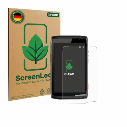 Face avant d’un emballage produit avec le logo de la marque ScreenLeaf. À côté, l’appareil Crosscall Core T5 est représenté av