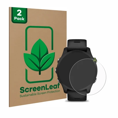 Face avant d’un emballage produit avec le logo de la marque ScreenLeaf. À côté, l’appareil Garmin Forerunner 255 Music est rep